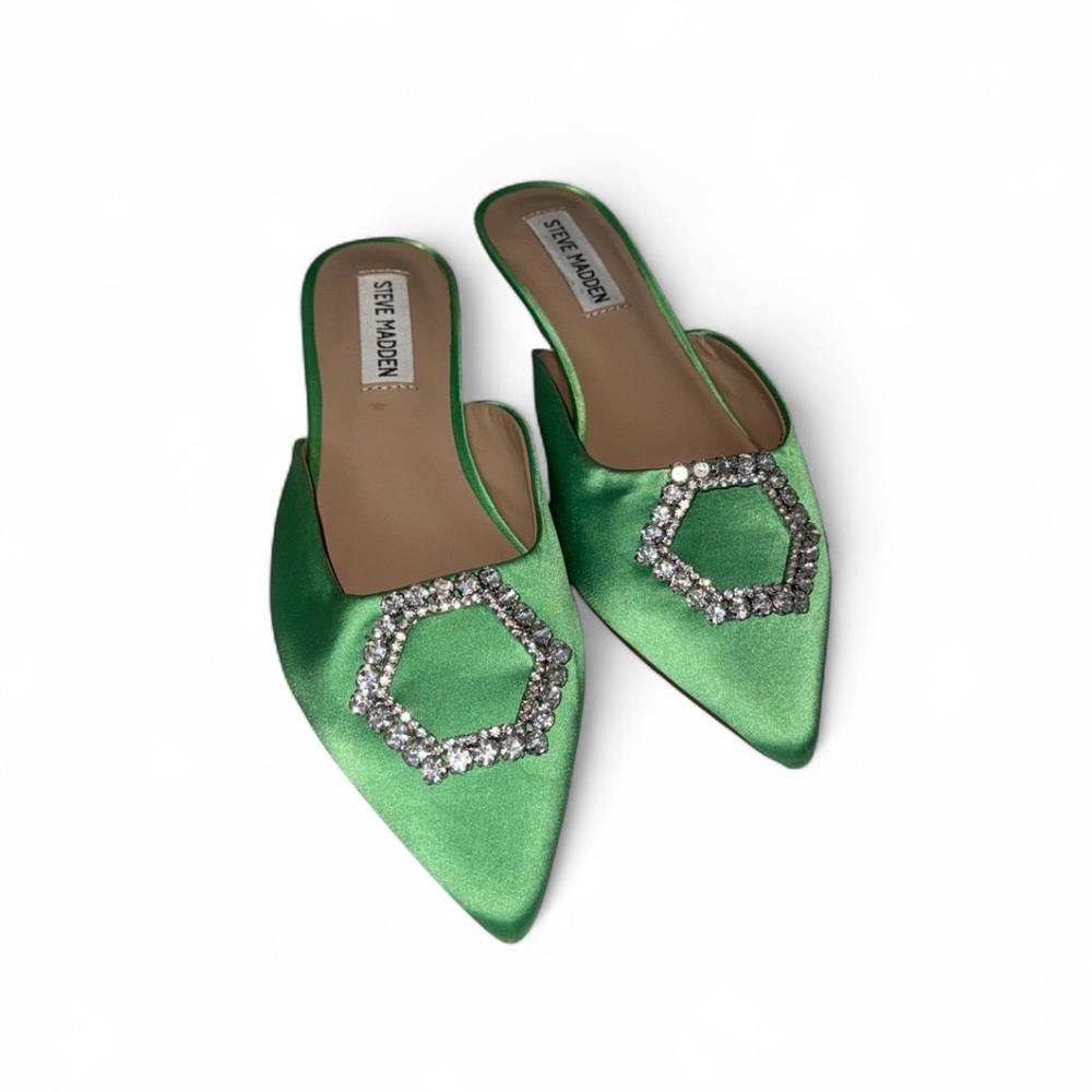 Steve Madden Emerald Satin Crystal Mules
